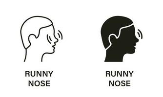 Runny Nose Line and Silhouette Icon Set. Nose Pain, Itch, Inflammation, Ache Symbol Collection. Rhinitis, Allergy, Nasal Mucus Pictogram. Icons for Medical Poster. Isolated Vector illustration.