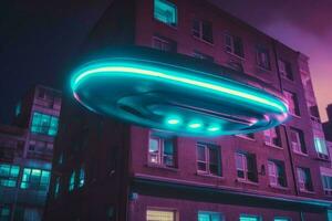 Ufo neon ship. Generate Ai photo