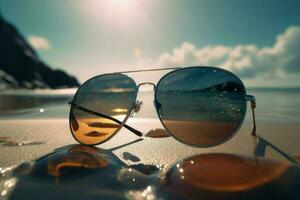 Gafas de sol en playa. generar ai foto