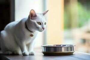 Thai white cat eating. Generate Ai photo