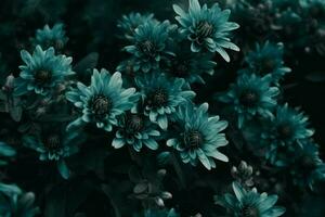 Teal flowers bush dark. Generate Ai photo