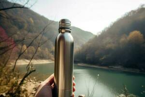 Thermo bottle hand hiking. Generate Ai photo