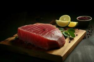 Tuna steak board. Generate Ai photo