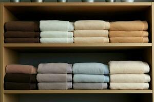Wooden towel rack bath. Generate Ai photo