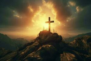 Cross christ sunset stone. Generate Ai photo