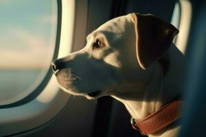 Dog plane window. Generate Ai photo