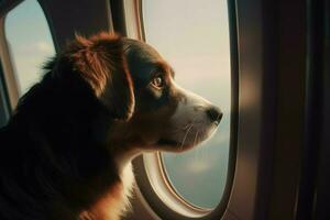 Dog plane window sunset. Generate Ai photo