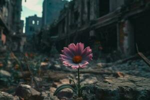Flower ruin city street. Generate Ai photo