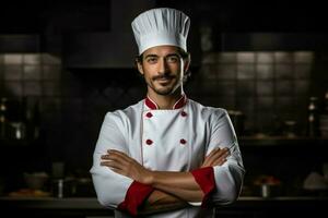 hermoso masculino Maestro cocinero sonriente. generar ai foto