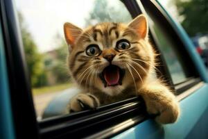 Cat head out car. Generate Ai photo