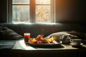 Cozy breakfast tray sofa. Generate Ai photo