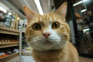 Cat red selfie supermarket. Generate Ai photo