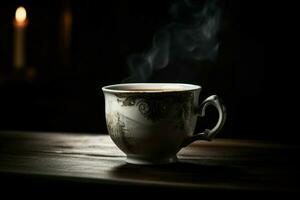 taza café mesa oscuro. generar ai foto