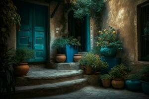 Door steps backyard plants. Generate Ai photo