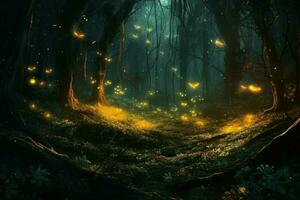 Fireflies night forest art. Generate Ai photo