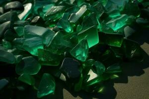 Glass shards green beach. Generate Ai photo