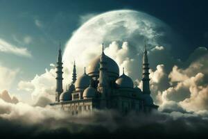Mosque clouds moon. Generate Ai photo