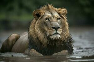 Wet lion river sitting. Generate Ai photo