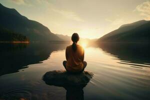 mujer lago meditación. generar ai foto