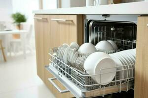 cocina mueble lavavajillas madera. generar ai foto