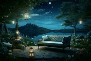 Lake sofa tea night sky. Generate Ai photo