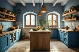 Greece blue kitchen. Generate Ai photo