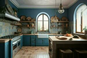 Greece blue kitchen interior. Generate Ai photo