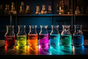 Colorful beakers chemicals pots. Generate Ai photo