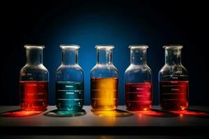 Colorful beakers chemicals table. Generate Ai photo