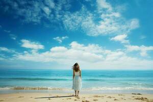 Blue sky landscape seaside woman. Generate Ai photo