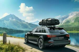 Black car roof luggage vacation. Generate Ai photo