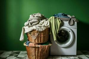 cesta sucio ropa lavar máquina. generar ai foto