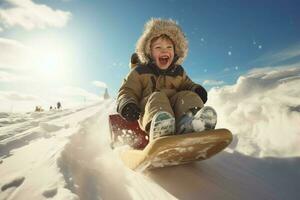 Boy riding snow slide snowy. Generate Ai photo