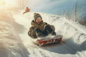 Boy riding snow slide. Generate Ai photo