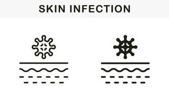 bacterias en piel línea y silueta negro icono colocar. microorganismos en estructura de humano dermis pictograma. piel capa con microbios flora y virus símbolo recopilación. aislado vector ilustración.