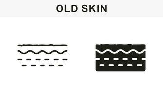 Old Skin Line and Silhouette Black Icon Set. Dermis Structure of Aged Skin Pictogram. Wrinkle, Not Elastic Flexible Smooth Skin. Aging Prevention Symbol Collection. Isolated Vector Illustration.