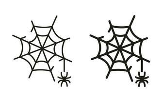 Spiderweb Line and Silhouette Black Icon Set. Spooky Spider Web, Halloween Decoration Pictogram. Fear Cobweb Trap with Spider on Thread Symbol Collection. Isolated Vector Illustration.