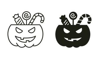 Pumpkin with Candies Line and Silhouette Black Icon Set. Treat or Trick Halloween Pumpkin Bucket Pictogram. Halloween Basket for Sweet Candy Symbol Collection. Isolated Vector Illustration.