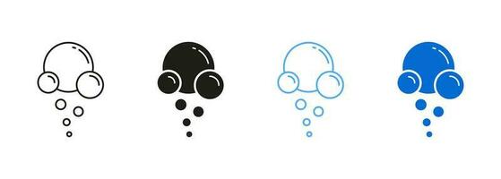 Soap, Clear Soda Symbol Collection. Fizzy Drink, Water Bubble Black and Blue Pictogram. Effervescent Champagne. Sphere Foam, Aquarium Drops Line and Silhouette Icon Set. Isolated Vector Illustration.