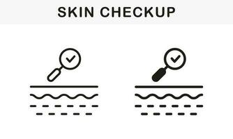 Skin Checkup Line and Silhouette Black Icon Set. Skincare Treatment. Magnifying Glass for Skin Problem Research Pictogram. Checked Clean Skin Layer Symbol Collection. Isolated Vector Illustration.