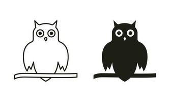 Spooky Owl with Round Eyes Line and Silhouette Black Icon Set. Owl Symbol of Halloween and Wisdom Pictogram. Wise Night Bird Sitting on Tree Branch Symbol Collection. Isolated Vector Illustration.