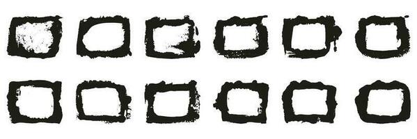 Grunge Brushstroke Photo Frame Set. Rectangle Frame with Abstract Border in Square Shape. Dirty Black Brush Stroke, Rough Texture. Abstract Graphic Element Collection. Isolated Vector Illustration.