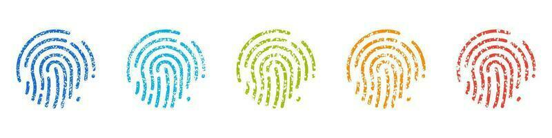 Human Finger Print in Different Colors Icons Set. Biometric Identification, Thumbprint Silhouette Pictogram. ID Symbol. Unique Fingerprint. Security and Protection Sign. Isolated Vector Illustration.