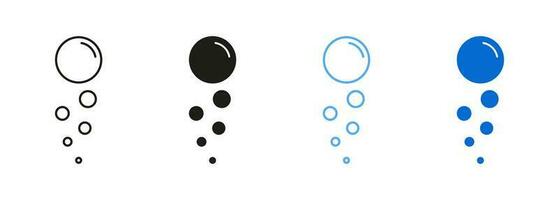 gaseoso beber, agua burbujas línea y silueta icono colocar. jabón, esfera espuma, claro soda, acuario gotas símbolo recopilación. efervescente champán negro y azul pictograma. aislado vector ilustración.