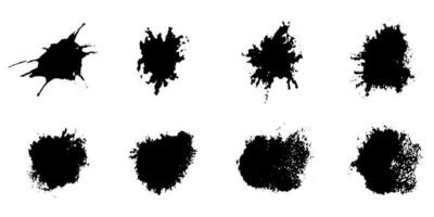 Splatter Set. Paint Brush Spatter, Ink Splash. Black Splat Grunge. Stain Texture Collection. Dirty Blot, Liquid Blob, Messy Inkblot. Abstract Design Element. Isolated Vector Illustration.