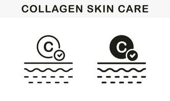 Healthy Skin Layer Collagen Line and Silhouette Black Icon Set. Moisture, Protect Skin Pictogram. Dermatology Skincare Treatment and Collagen Symbol Collection. Isolated Vector Illustration.