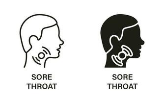 Sore Throat Line and Silhouette Icon Set. Painful Sore Throat Symbol Collection. Male Head with Symptoms of Angina, Flu, Cold Pictogram. Isolated Vector illustration.