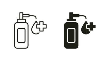 Hand Sanitizer Bottle Symbol Collection. Alcohol Disinfection Bottle with Pump Line and Silhouette Icon Set. Sanitizer Gel or Antiseptic Liquid to Kill Bacteria Virus. Isolated Vector illustration.