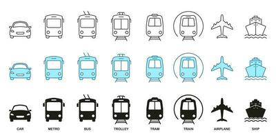 auto, autobús, tren, metro, barco, ferrocarril, aire transporte, avión símbolo recopilación. público transporte línea y silueta icono colocar. la carretera signo. vehículo tipos pictograma. aislado vector ilustración.