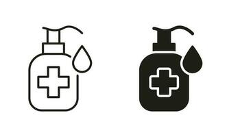 Hand Sanitizer Bottle Line and Silhouette Icon Set. Hygiene Product Symbol Collection. Antiseptic Liquid, Sanitizer to Kill Bacteria. Disinfection Alcohol Pump Bottle. Isolated Vector illustration.